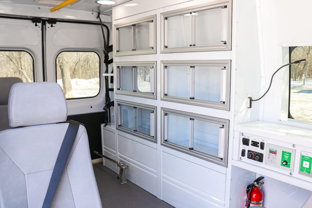 Aluminum cabinetry in the NEMT van.