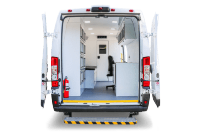 Back of Mobile Medical Clinic Van with doors open