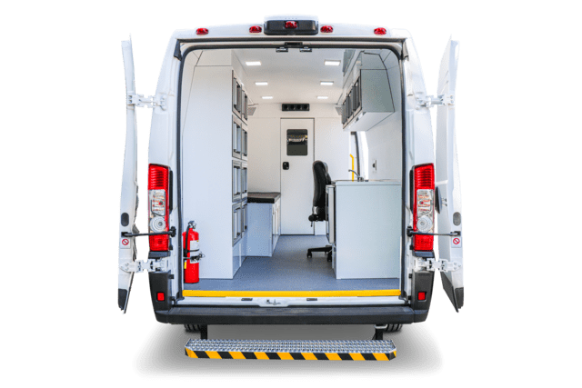 Back of Mobile Medical Clinic Van with doors open