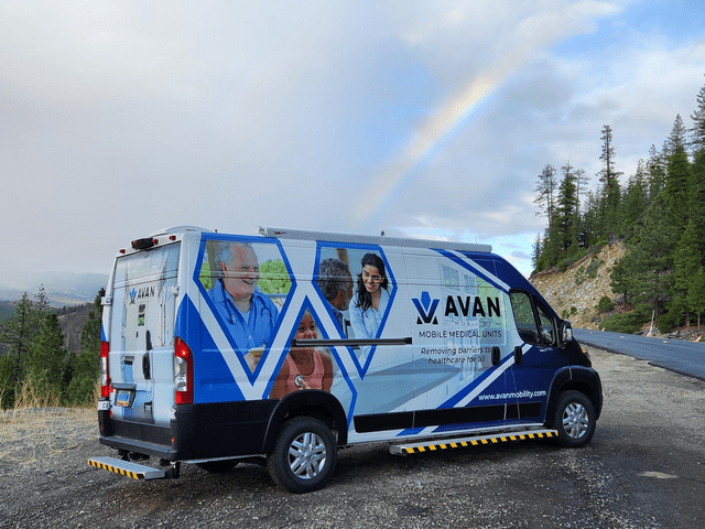 AVAN Mobile Clinic Demo van with rainbow in California