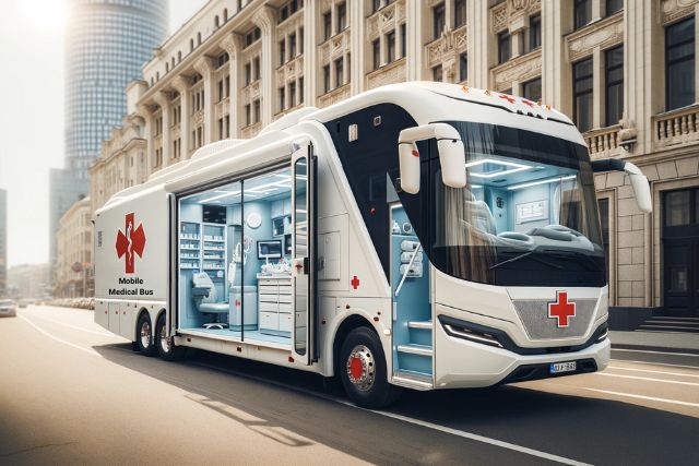 Mobile medical bus in an urban city.